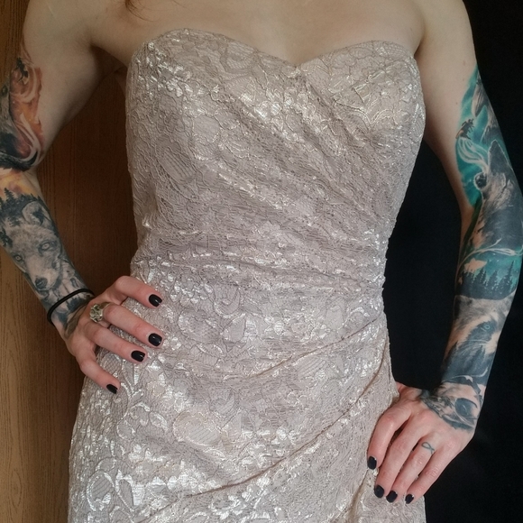 CopyLong Strapless Lace Dress with Sweetheart Neck - Picture 8 of 11